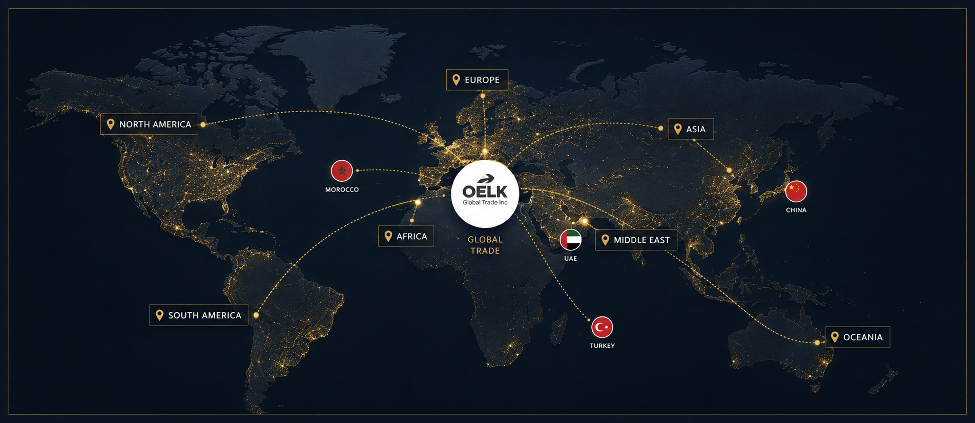 OELK global network map showing Canada, Latin America, Europe, Morocco, Turkey, UAE and China